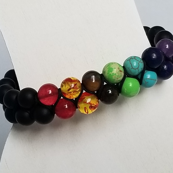 7 Chakra Double Layer Natural Lava Stone Bracelet - Picture 2 of 5